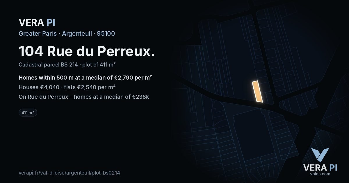 104 Rue du Perreux, Argenteuil at night – the plot lit, the parcels around coloured by the prices near them