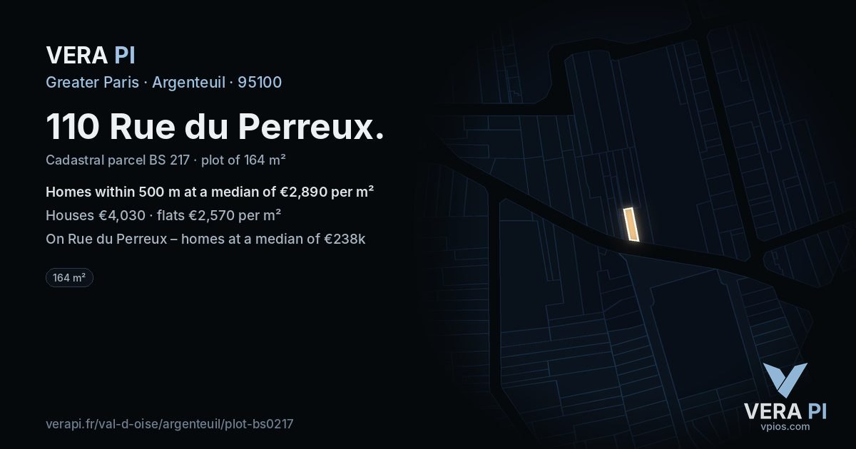 110 Rue du Perreux, Argenteuil at night – the plot lit, the parcels around coloured by the prices near them