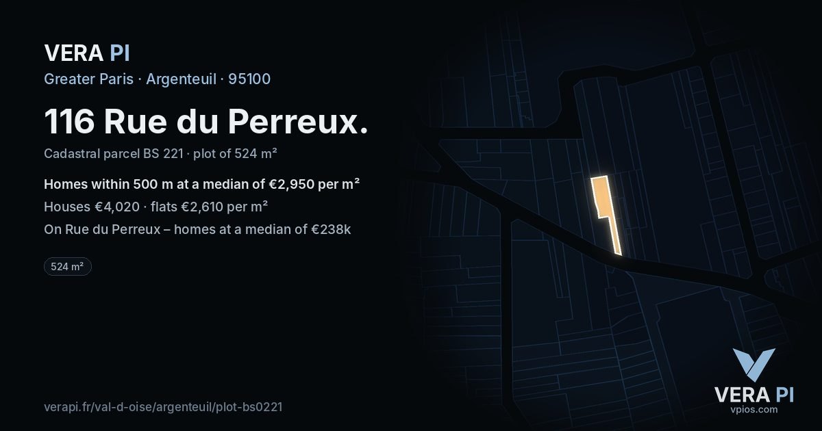 116 Rue du Perreux, Argenteuil at night – the plot lit, the parcels around coloured by the prices near them