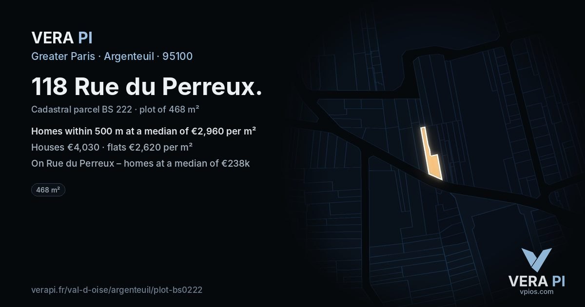 118 Rue du Perreux, Argenteuil at night – the plot lit, the parcels around coloured by the prices near them