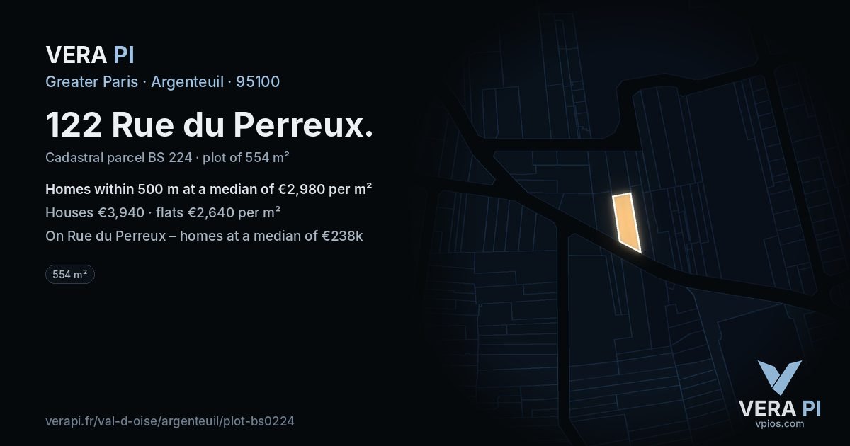 122 Rue du Perreux, Argenteuil at night – the plot lit, the parcels around coloured by the prices near them