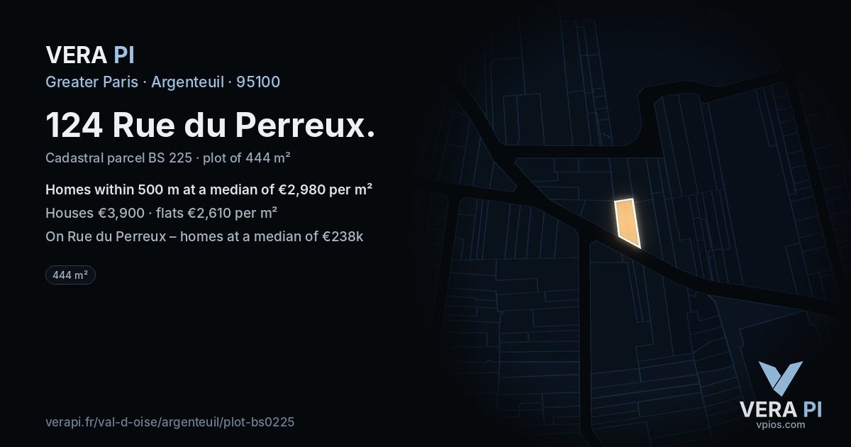 124 Rue du Perreux, Argenteuil at night – the plot lit, the parcels around coloured by the prices near them