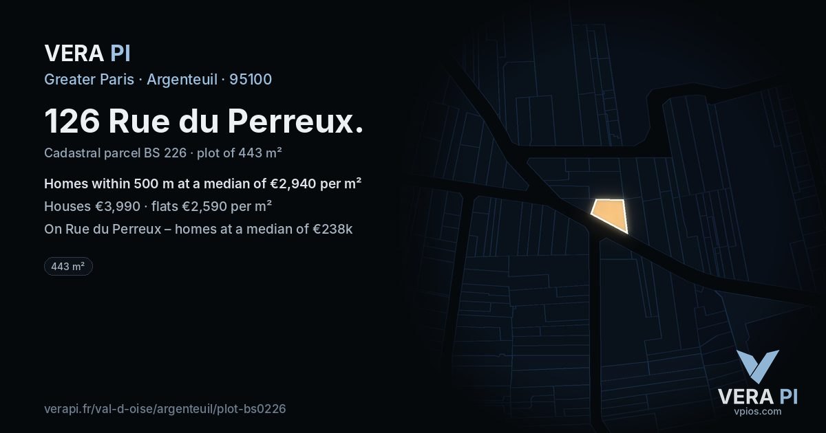 126 Rue du Perreux, Argenteuil at night – the plot lit, the parcels around coloured by the prices near them