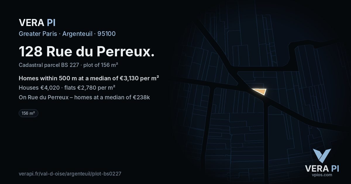 128 Rue du Perreux, Argenteuil at night – the plot lit, the parcels around coloured by the prices near them