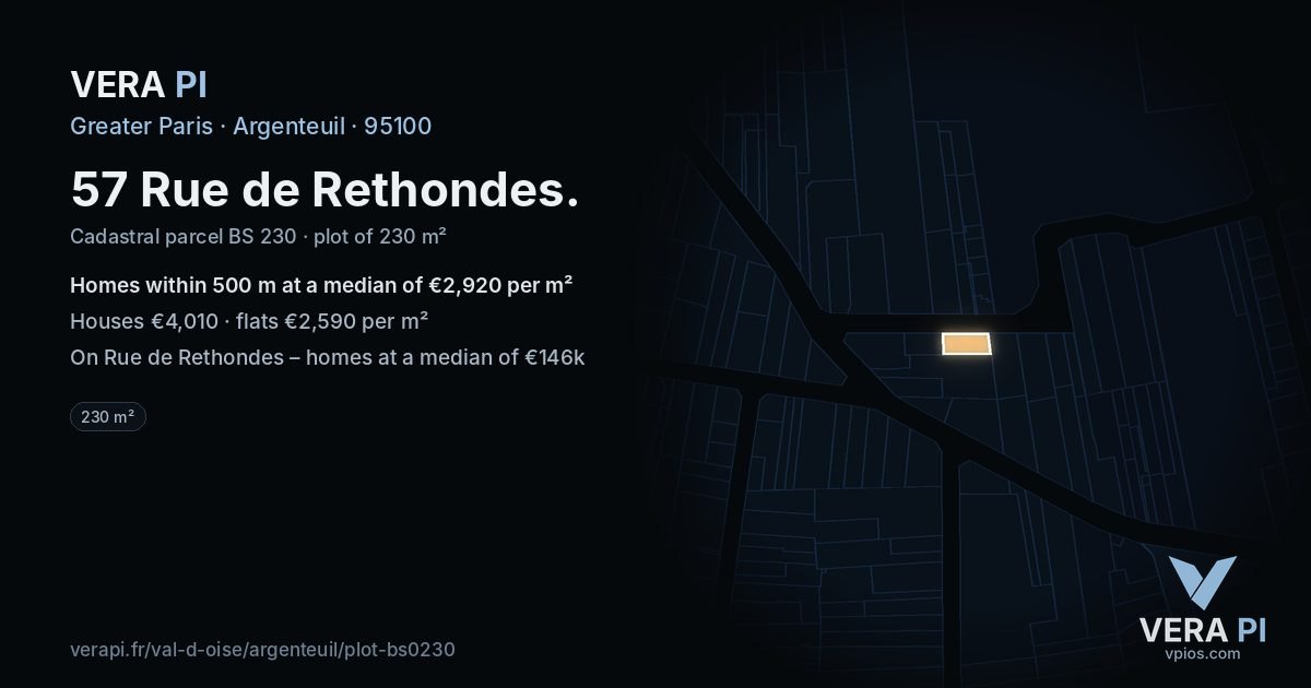 57 Rue de Rethondes, Argenteuil at night – the plot lit, the parcels around coloured by the prices near them