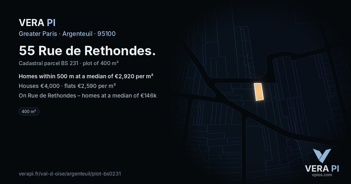 55 Rue de Rethondes, Argenteuil at night – the plot lit, the parcels around coloured by the prices near them