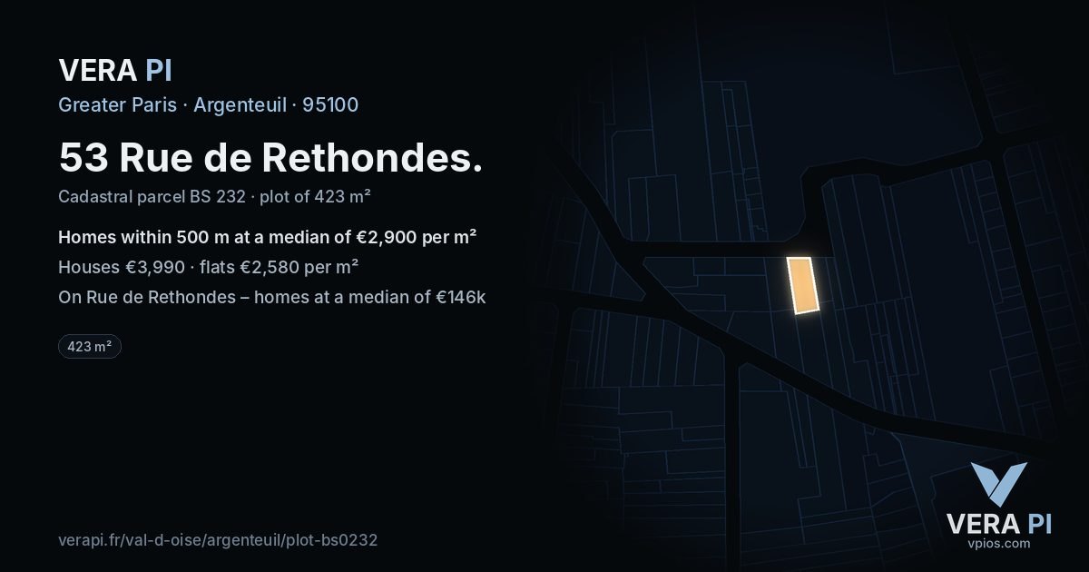 53 Rue de Rethondes, Argenteuil at night – the plot lit, the parcels around coloured by the prices near them