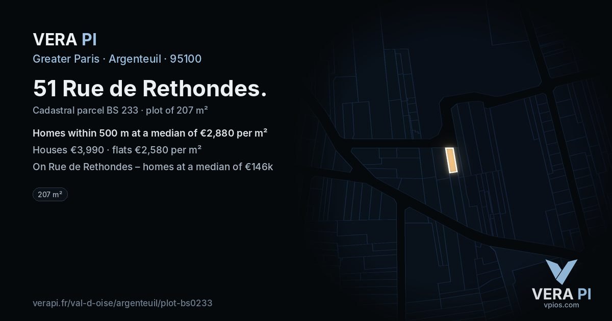 51 Rue de Rethondes, Argenteuil at night – the plot lit, the parcels around coloured by the prices near them