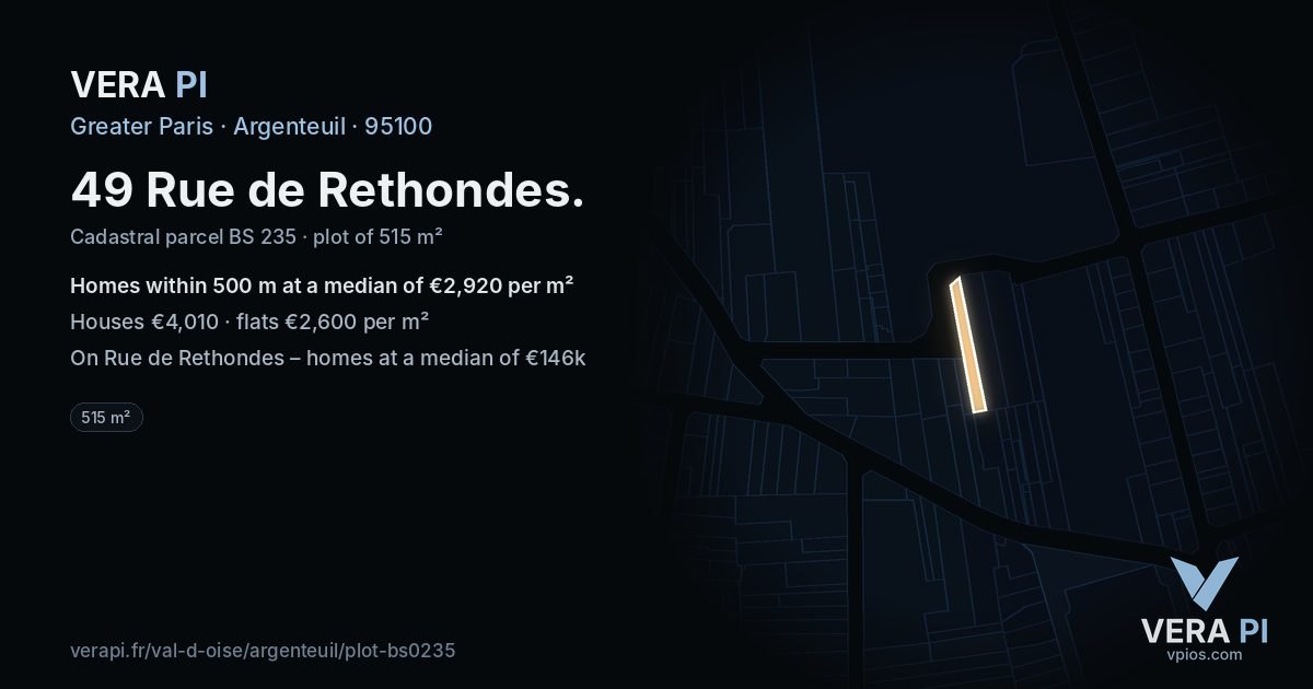 49 Rue de Rethondes, Argenteuil at night – the plot lit, the parcels around coloured by the prices near them