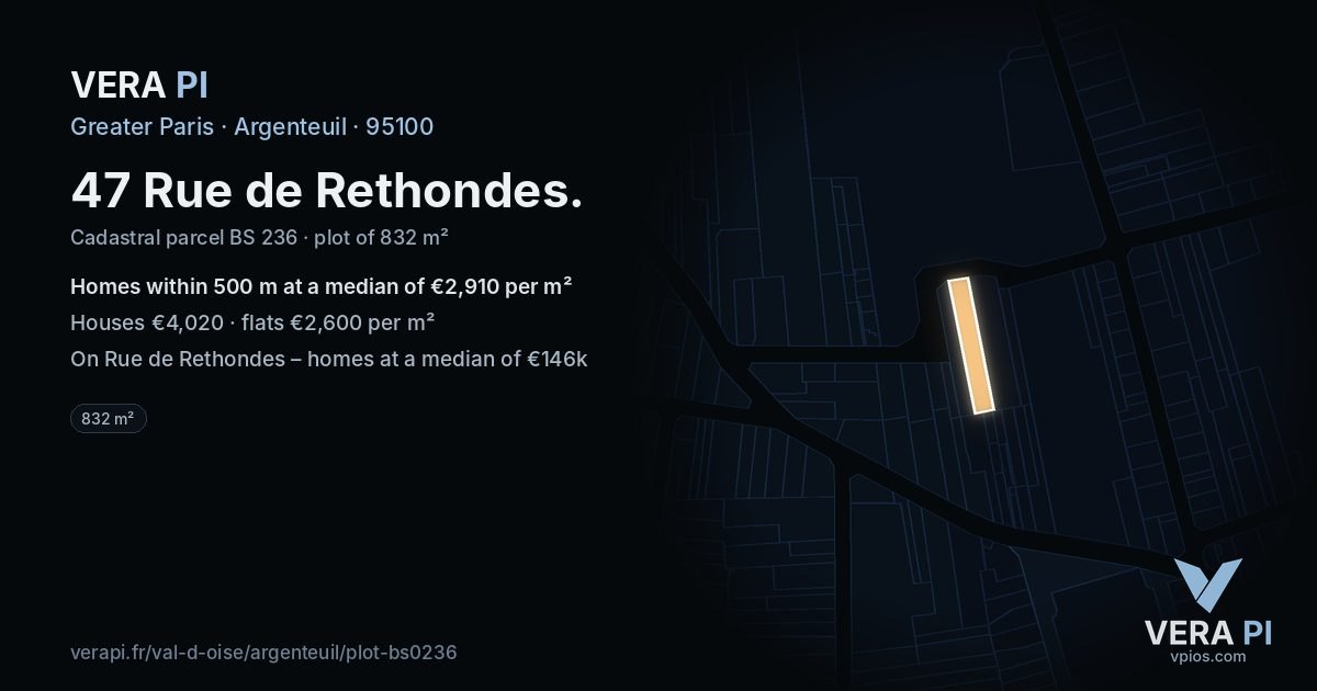 47 Rue de Rethondes, Argenteuil at night – the plot lit, the parcels around coloured by the prices near them