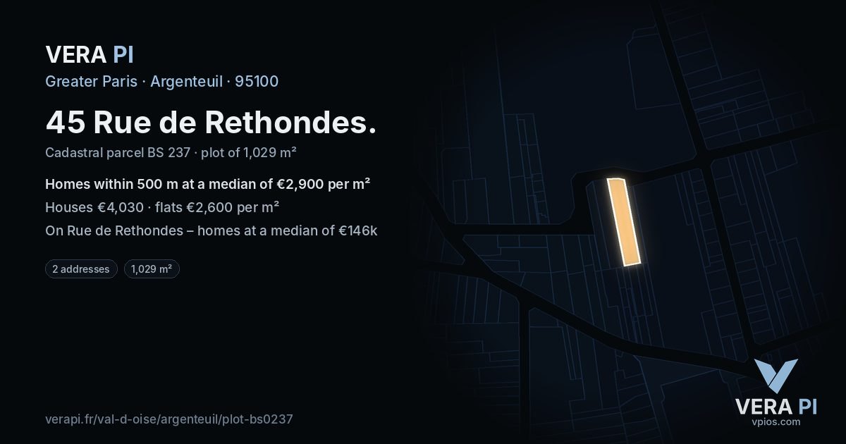 45 Rue de Rethondes, Argenteuil at night – the plot lit, the parcels around coloured by the prices near them