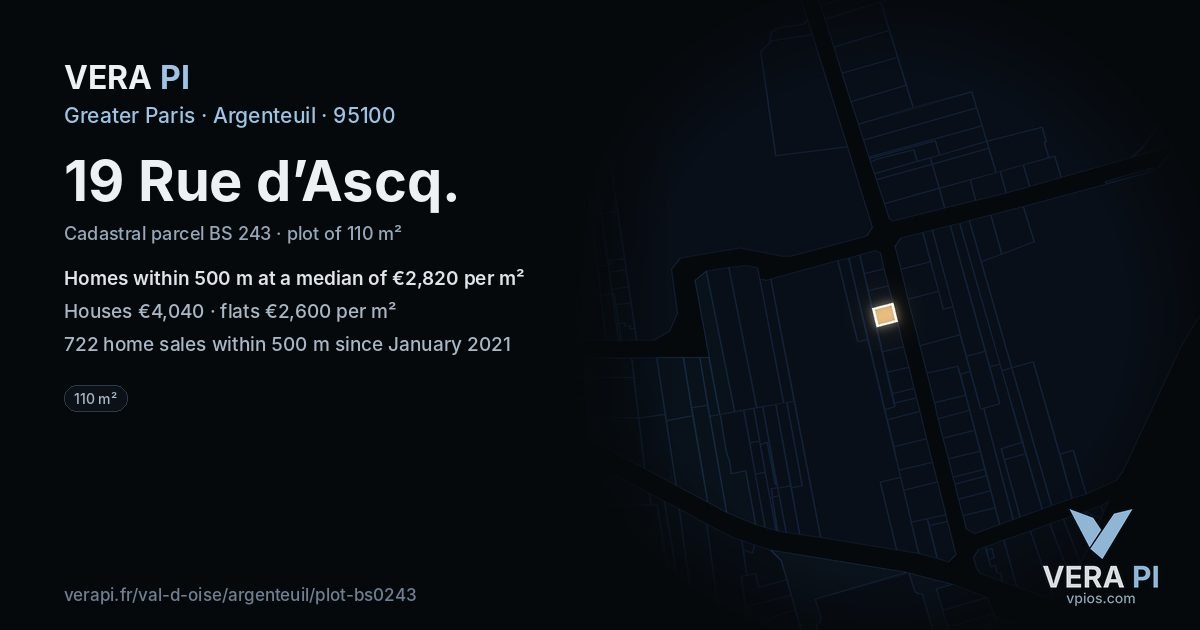 19 Rue d’Ascq, Argenteuil at night – the plot lit, the parcels around coloured by the prices near them