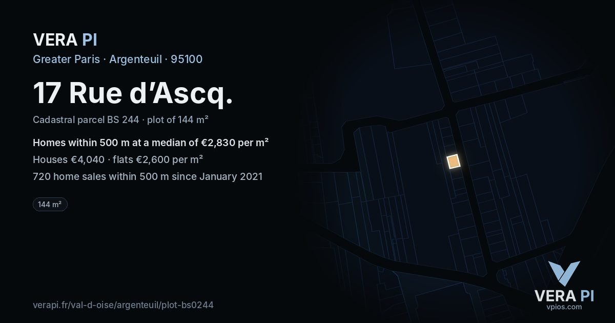 17 Rue d’Ascq, Argenteuil at night – the plot lit, the parcels around coloured by the prices near them
