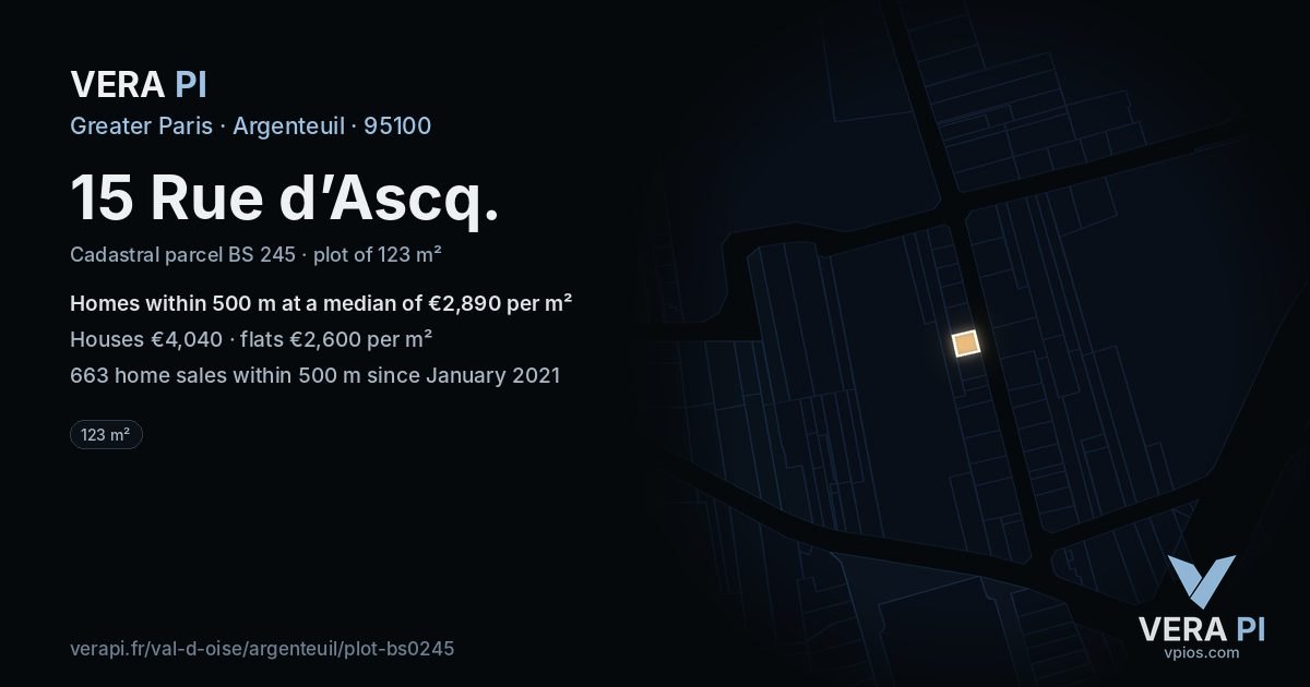 15 Rue d’Ascq, Argenteuil at night – the plot lit, the parcels around coloured by the prices near them