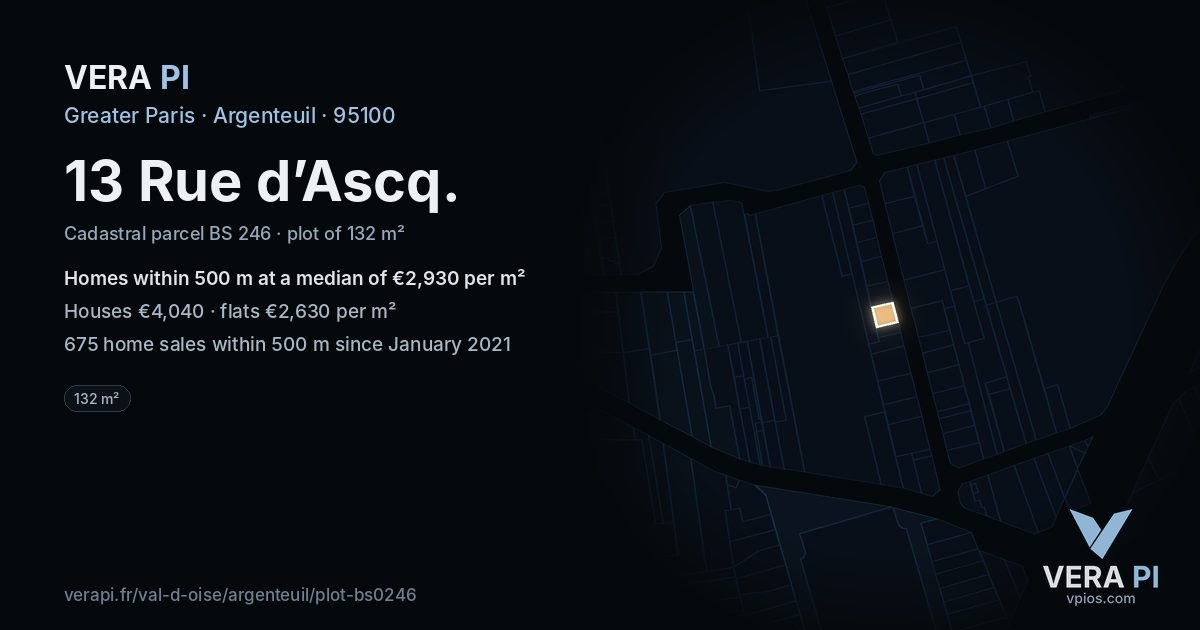 13 Rue d’Ascq, Argenteuil at night – the plot lit, the parcels around coloured by the prices near them