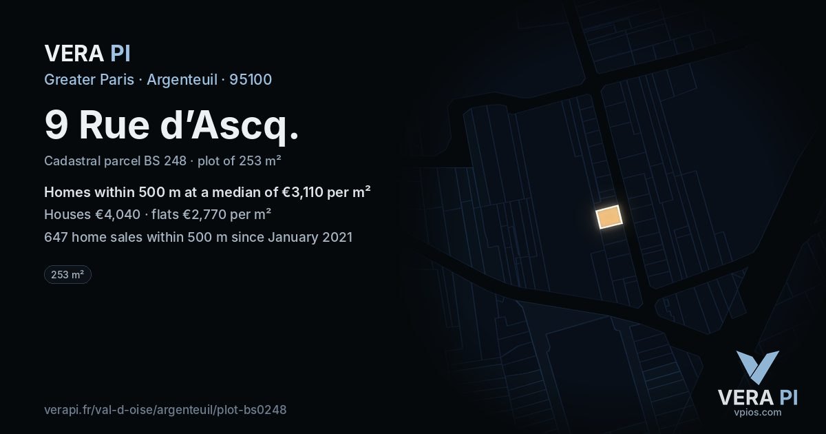 9 Rue d’Ascq, Argenteuil at night – the plot lit, the parcels around coloured by the prices near them