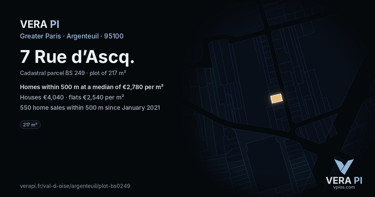 7 Rue d’Ascq, Argenteuil at night – the plot lit, the parcels around coloured by the prices near them