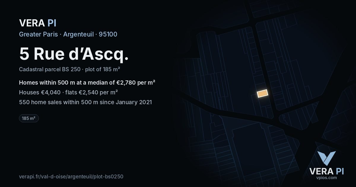 5 Rue d’Ascq, Argenteuil at night – the plot lit, the parcels around coloured by the prices near them