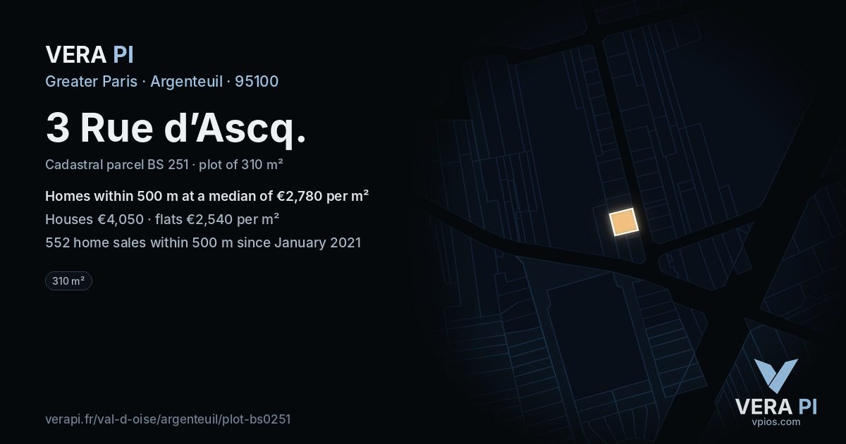 3 Rue d’Ascq, Argenteuil at night – the plot lit, the parcels around coloured by the prices near them