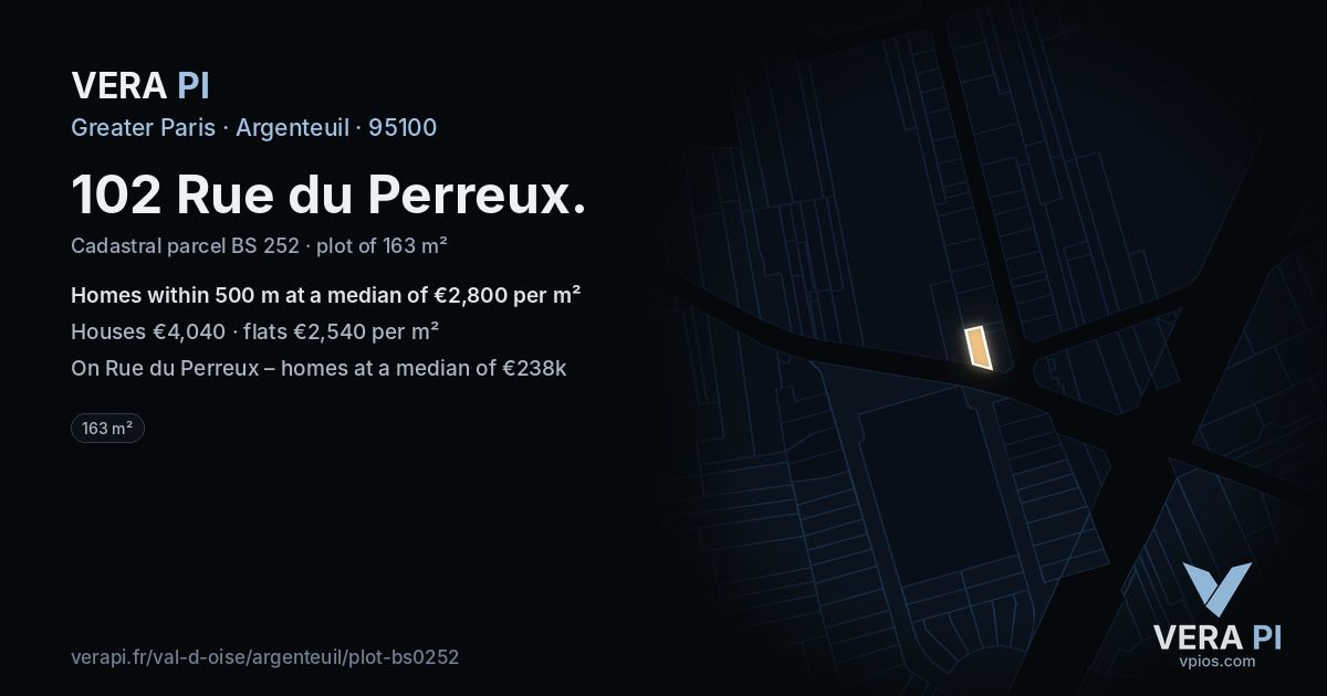 102 Rue du Perreux, Argenteuil at night – the plot lit, the parcels around coloured by the prices near them