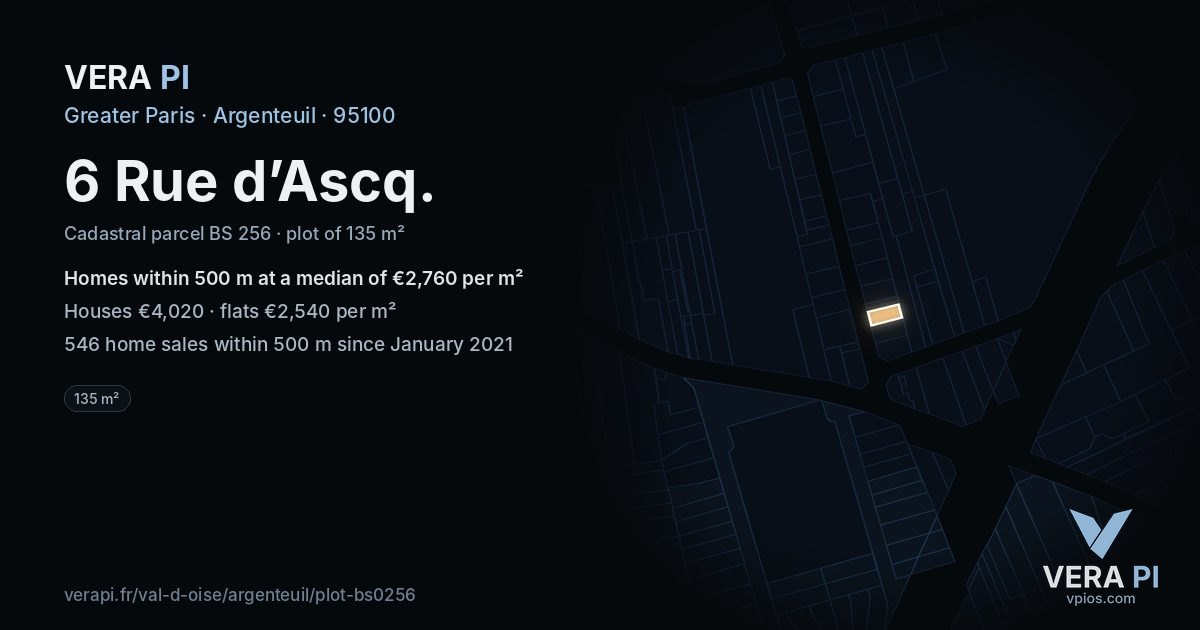 6 Rue d’Ascq, Argenteuil at night – the plot lit, the parcels around coloured by the prices near them