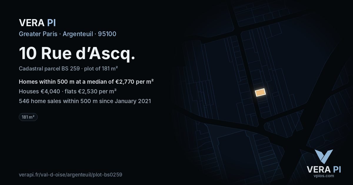 10 Rue d’Ascq, Argenteuil at night – the plot lit, the parcels around coloured by the prices near them