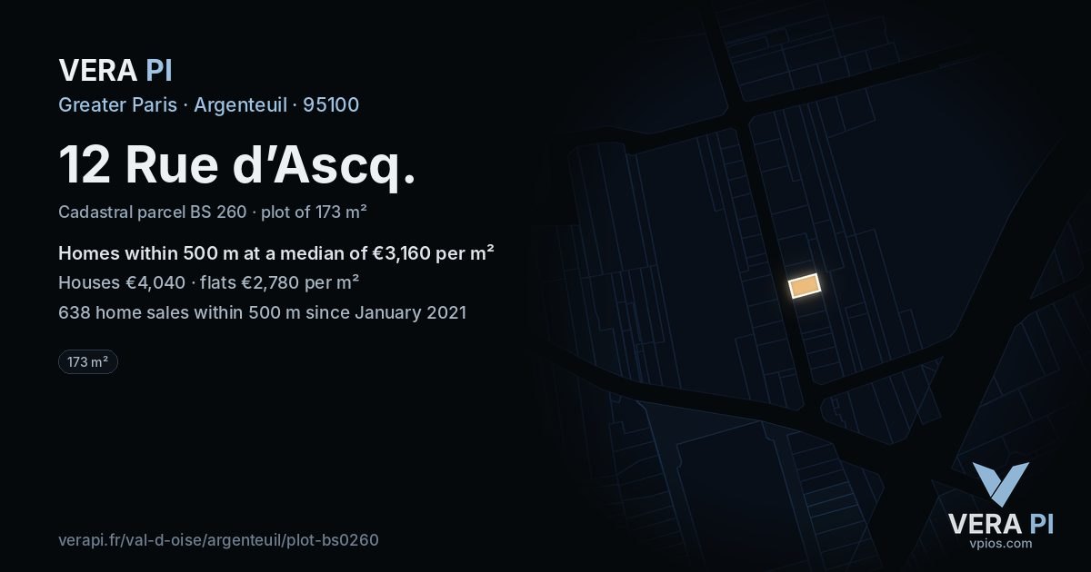 12 Rue d’Ascq, Argenteuil at night – the plot lit, the parcels around coloured by the prices near them