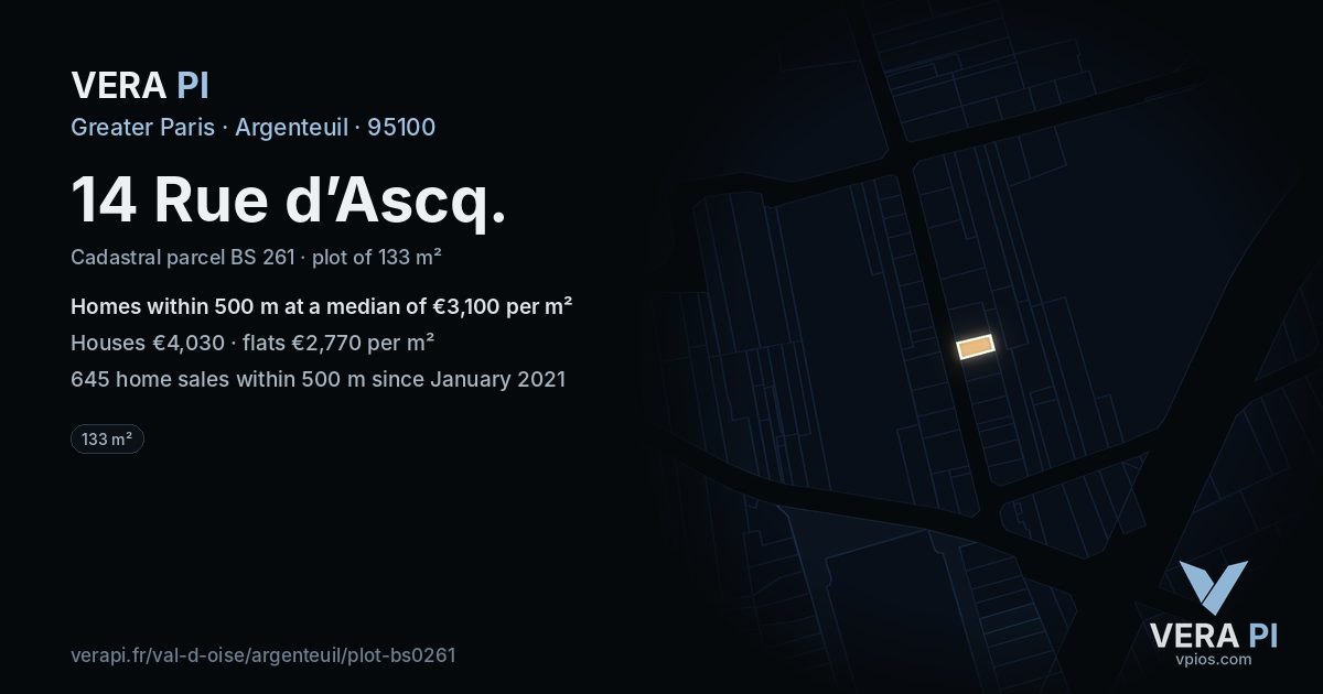 14 Rue d’Ascq, Argenteuil at night – the plot lit, the parcels around coloured by the prices near them