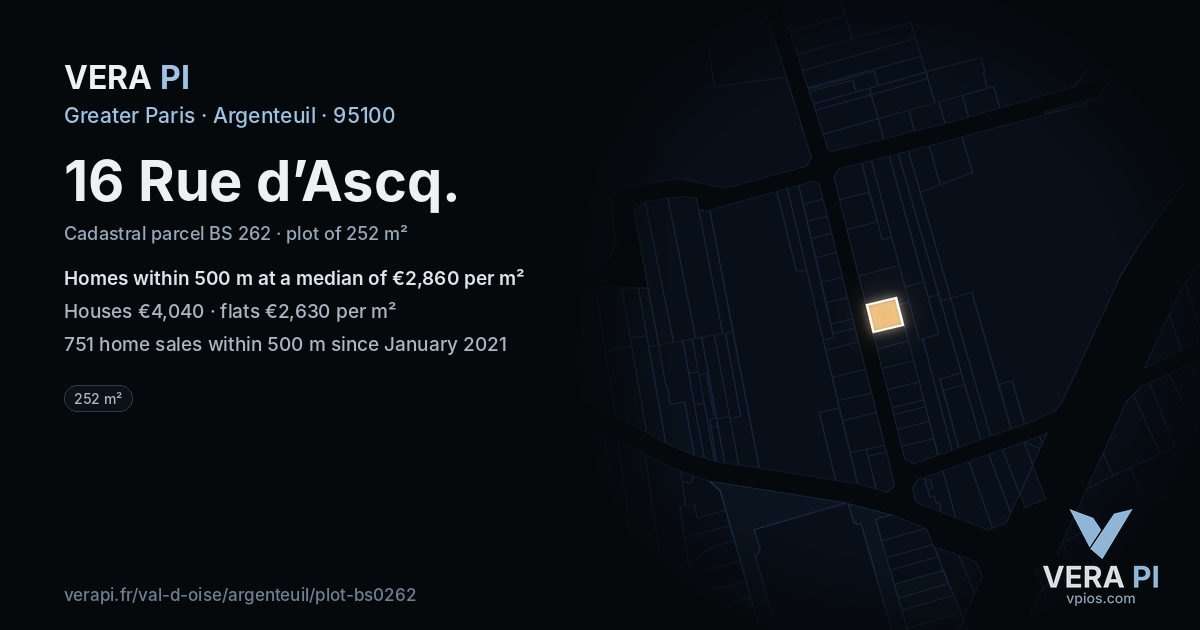 16 Rue d’Ascq, Argenteuil at night – the plot lit, the parcels around coloured by the prices near them