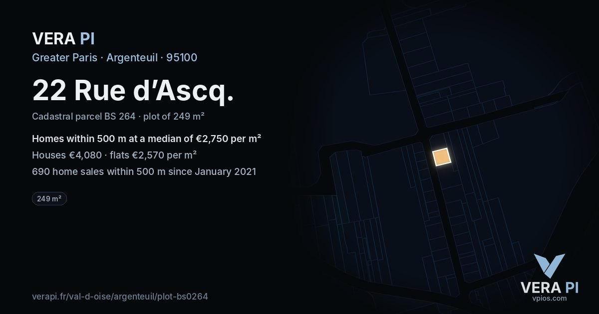 22 Rue d’Ascq, Argenteuil at night – the plot lit, the parcels around coloured by the prices near them
