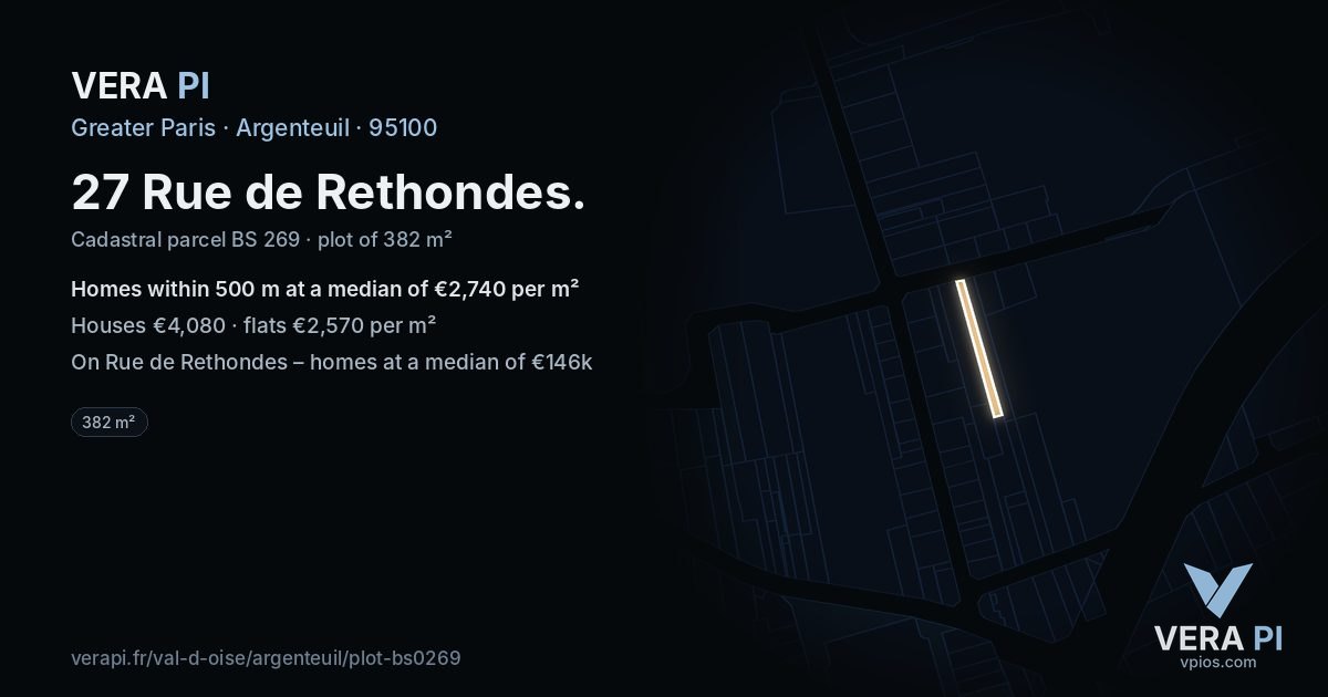 27 Rue de Rethondes, Argenteuil at night – the plot lit, the parcels around coloured by the prices near them