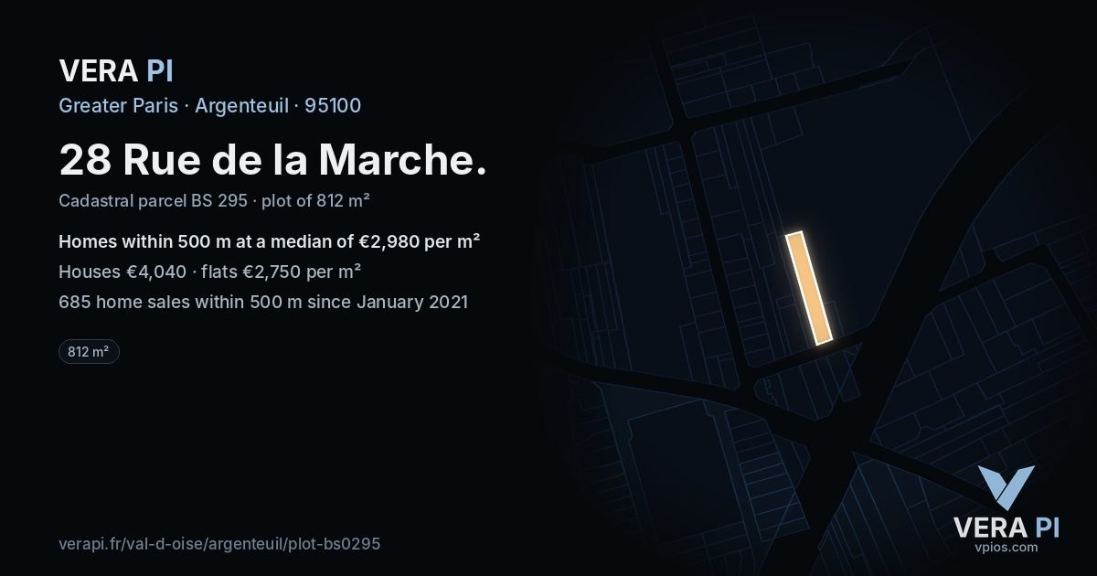28 Rue de la Marche, Argenteuil at night – the plot lit, the parcels around coloured by the prices near them