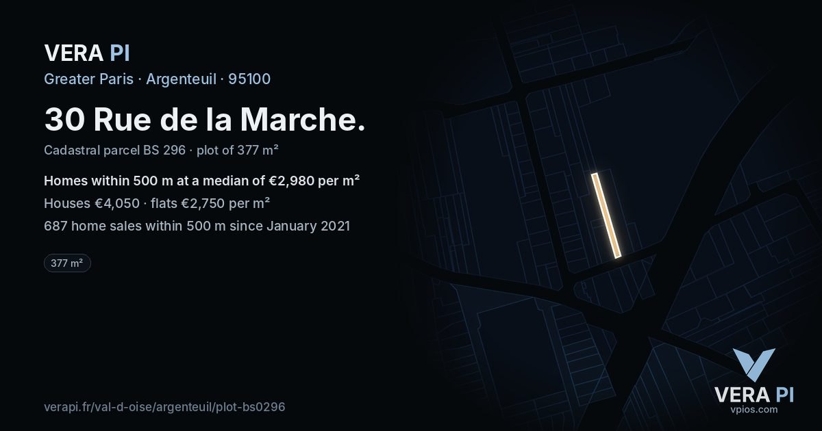 30 Rue de la Marche, Argenteuil at night – the plot lit, the parcels around coloured by the prices near them