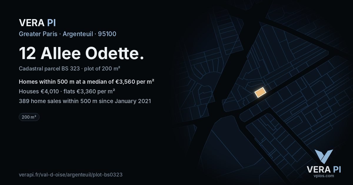 12 Allee Odette, Argenteuil at night – the plot lit, the parcels around coloured by the prices near them