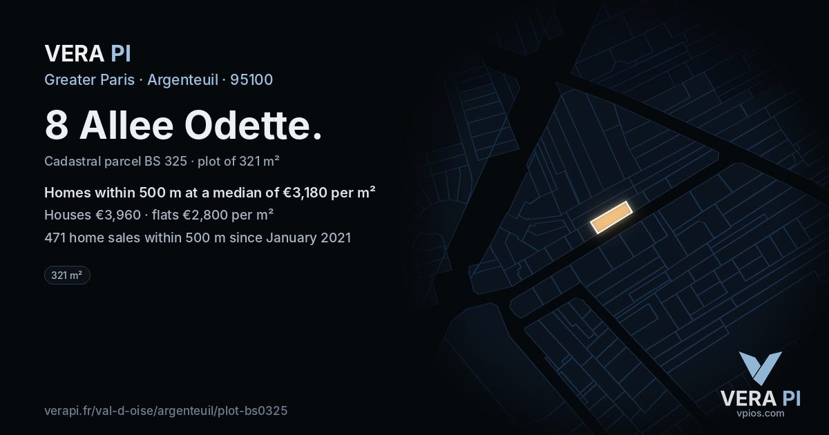 8 Allee Odette, Argenteuil at night – the plot lit, the parcels around coloured by the prices near them