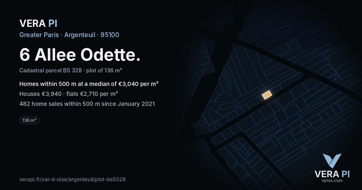 6 Allee Odette, Argenteuil at night – the plot lit, the parcels around coloured by the prices near them