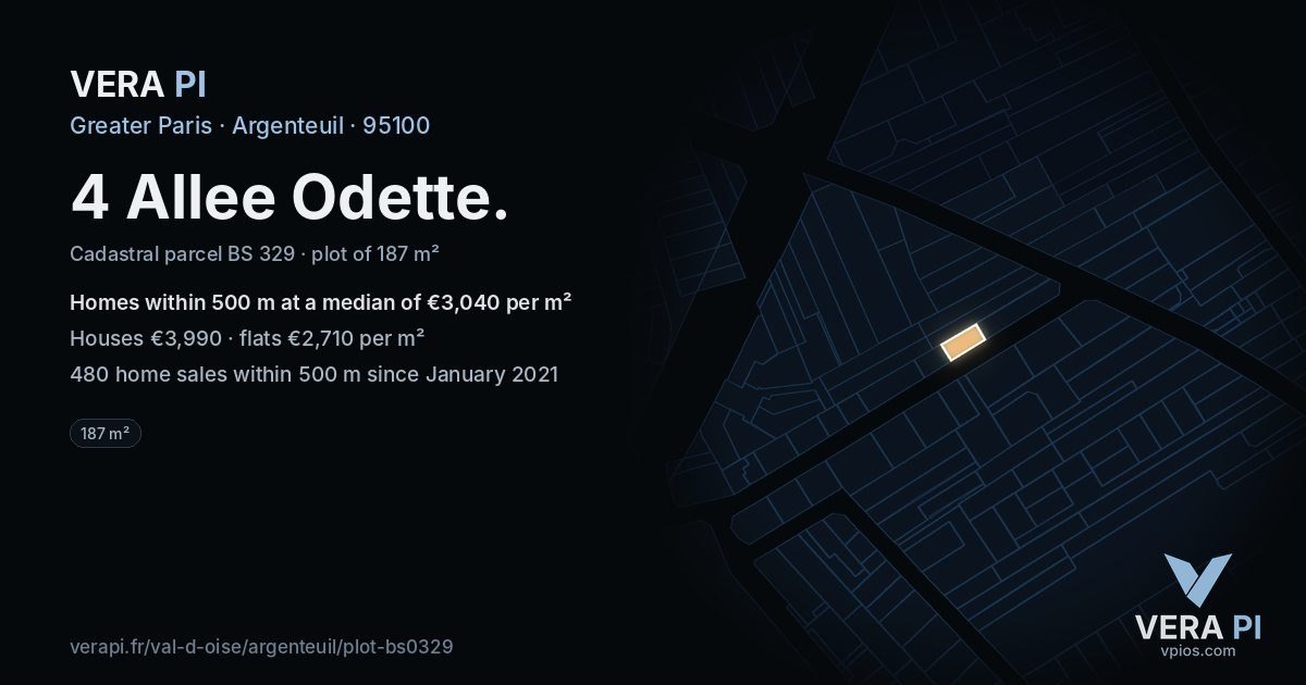 4 Allee Odette, Argenteuil at night – the plot lit, the parcels around coloured by the prices near them