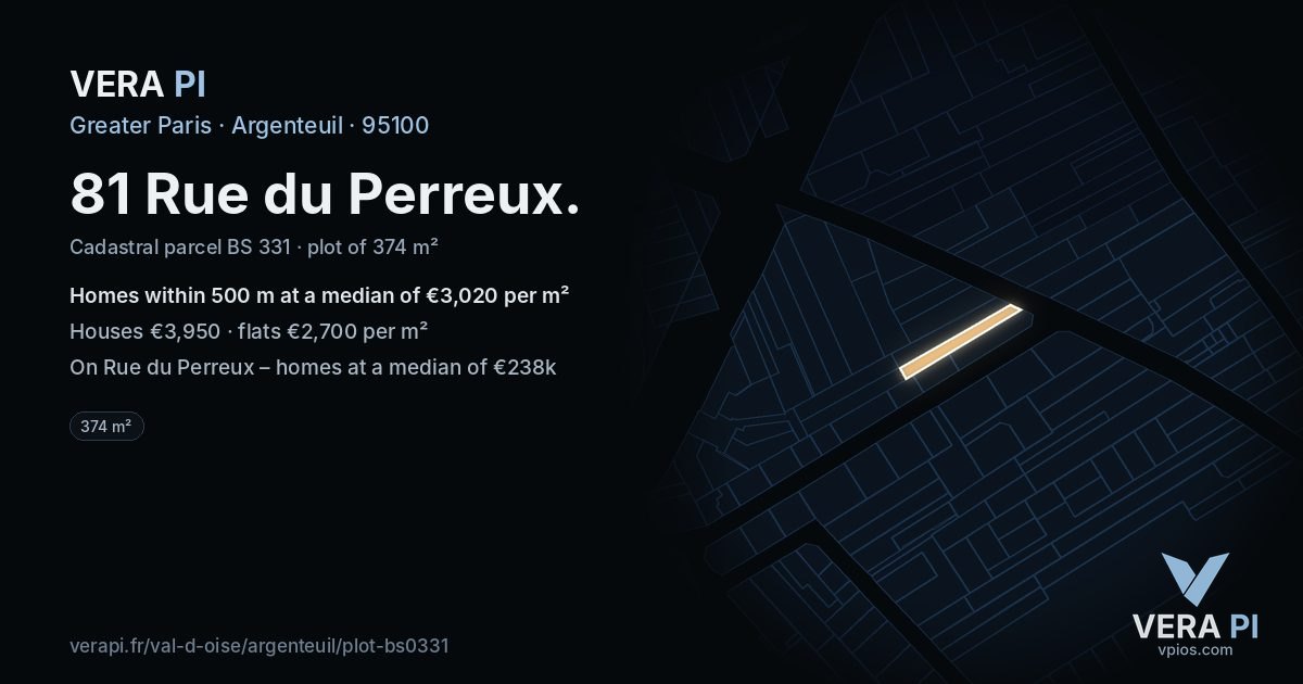 81 Rue du Perreux, Argenteuil at night – the plot lit, the parcels around coloured by the prices near them