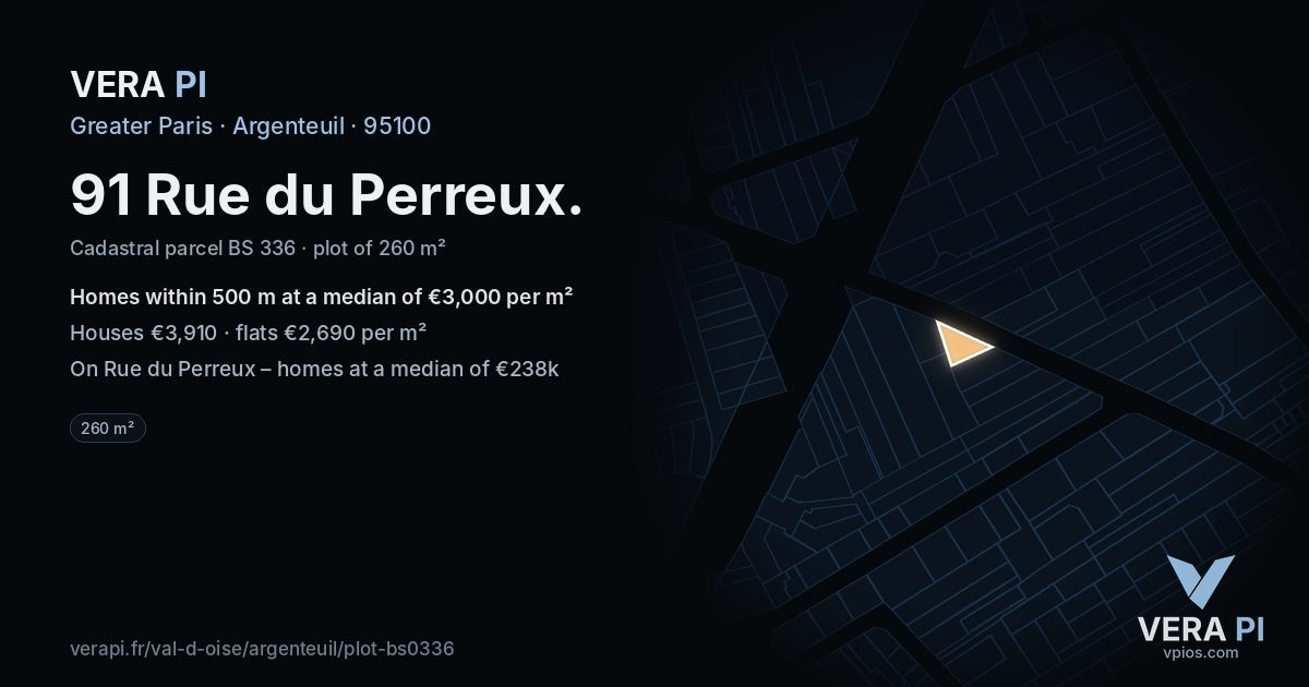 91 Rue du Perreux, Argenteuil at night – the plot lit, the parcels around coloured by the prices near them