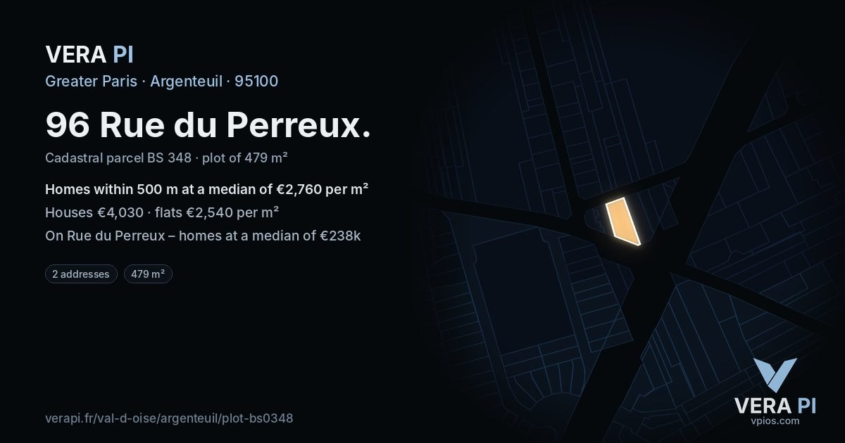 96 Rue du Perreux, Argenteuil at night – the plot lit, the parcels around coloured by the prices near them