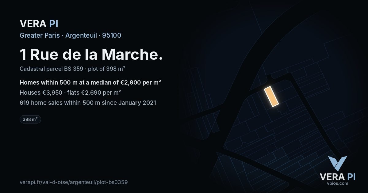 1 Rue de la Marche, Argenteuil at night – the plot lit, the parcels around coloured by the prices near them