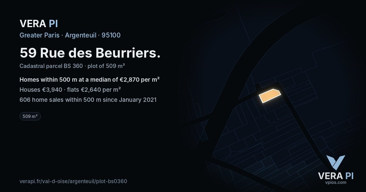 59 Rue des Beurriers, Argenteuil at night – the plot lit, the parcels around coloured by the prices near them
