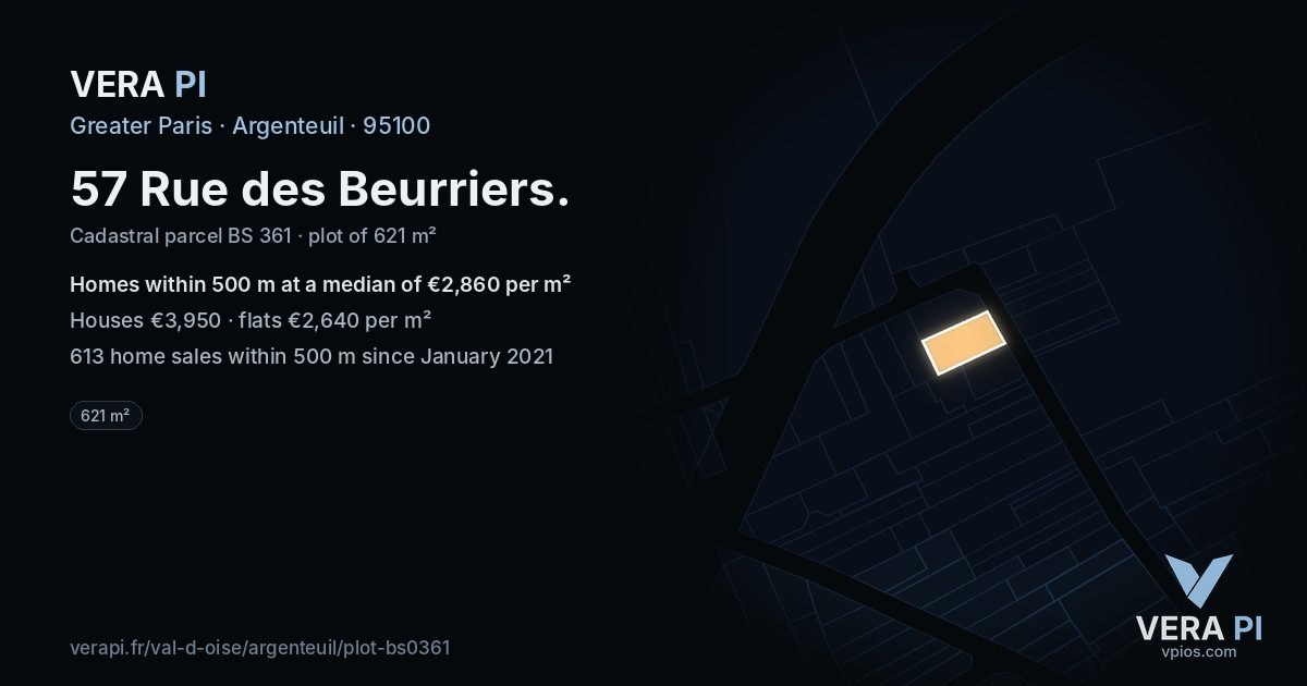57 Rue des Beurriers, Argenteuil at night – the plot lit, the parcels around coloured by the prices near them