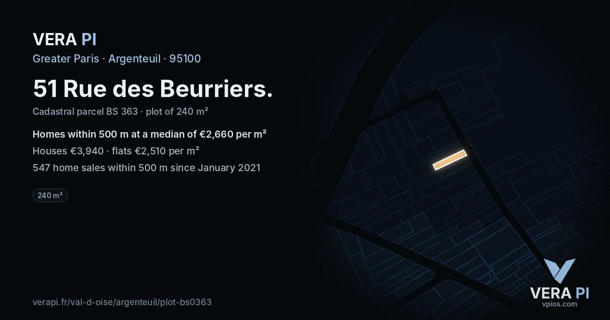 51 Rue des Beurriers, Argenteuil at night – the plot lit, the parcels around coloured by the prices near them
