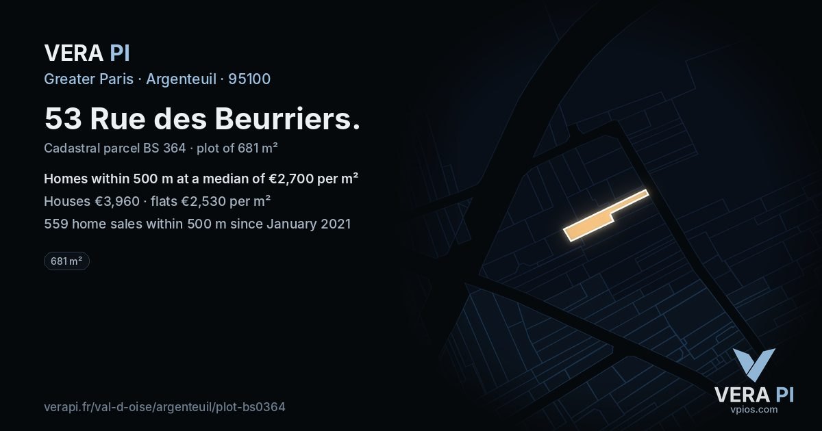 53 Rue des Beurriers, Argenteuil at night – the plot lit, the parcels around coloured by the prices near them