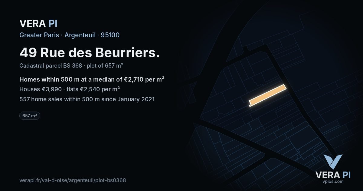 49 Rue des Beurriers, Argenteuil at night – the plot lit, the parcels around coloured by the prices near them