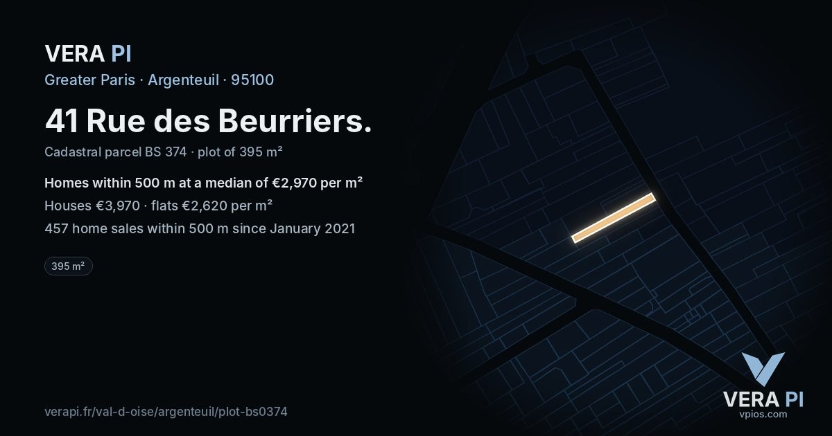 41 Rue des Beurriers, Argenteuil at night – the plot lit, the parcels around coloured by the prices near them