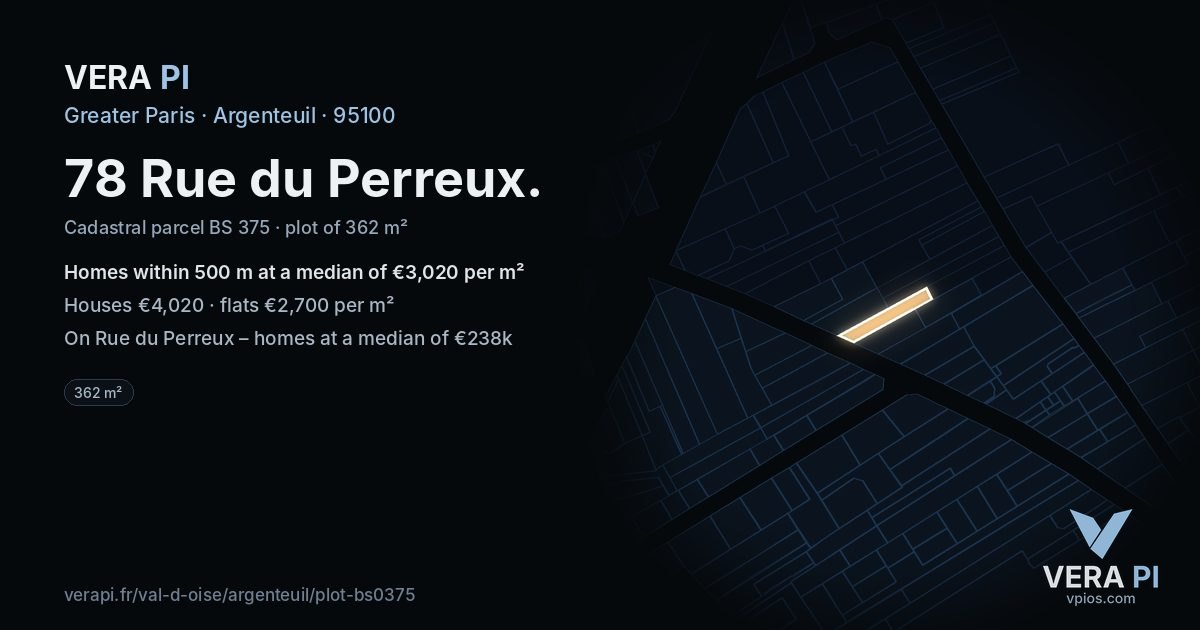 78 Rue du Perreux, Argenteuil at night – the plot lit, the parcels around coloured by the prices near them