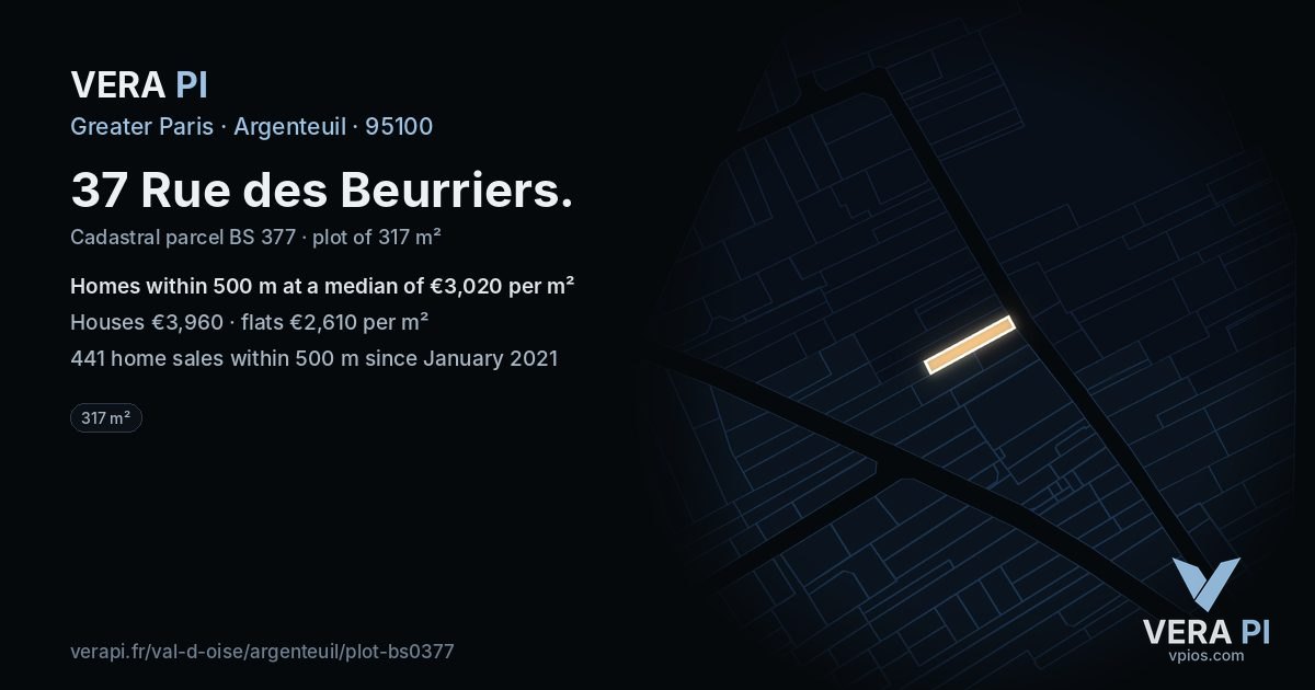 37 Rue des Beurriers, Argenteuil at night – the plot lit, the parcels around coloured by the prices near them