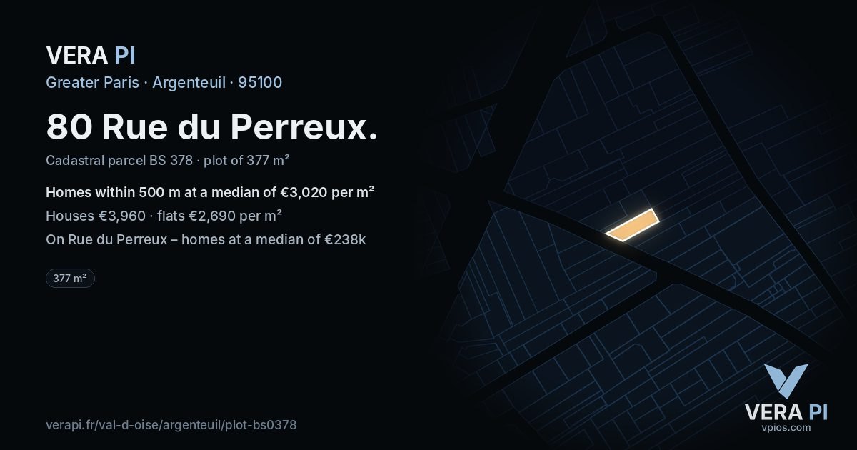 80 Rue du Perreux, Argenteuil at night – the plot lit, the parcels around coloured by the prices near them